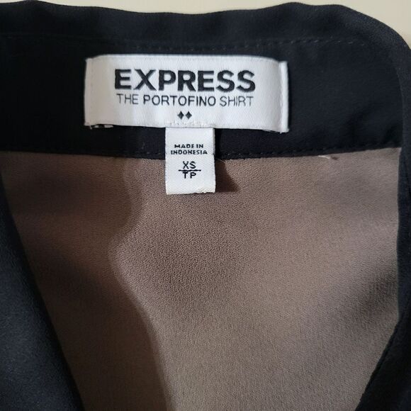 Express Portofino Taupe Button Down Blouse Black Trim - Picture 4 of 14